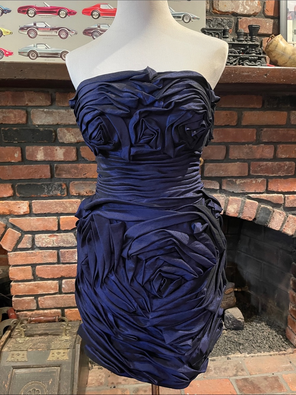 Vintage Jovani Navy Strapless Rosette Cocktail Dress size 2